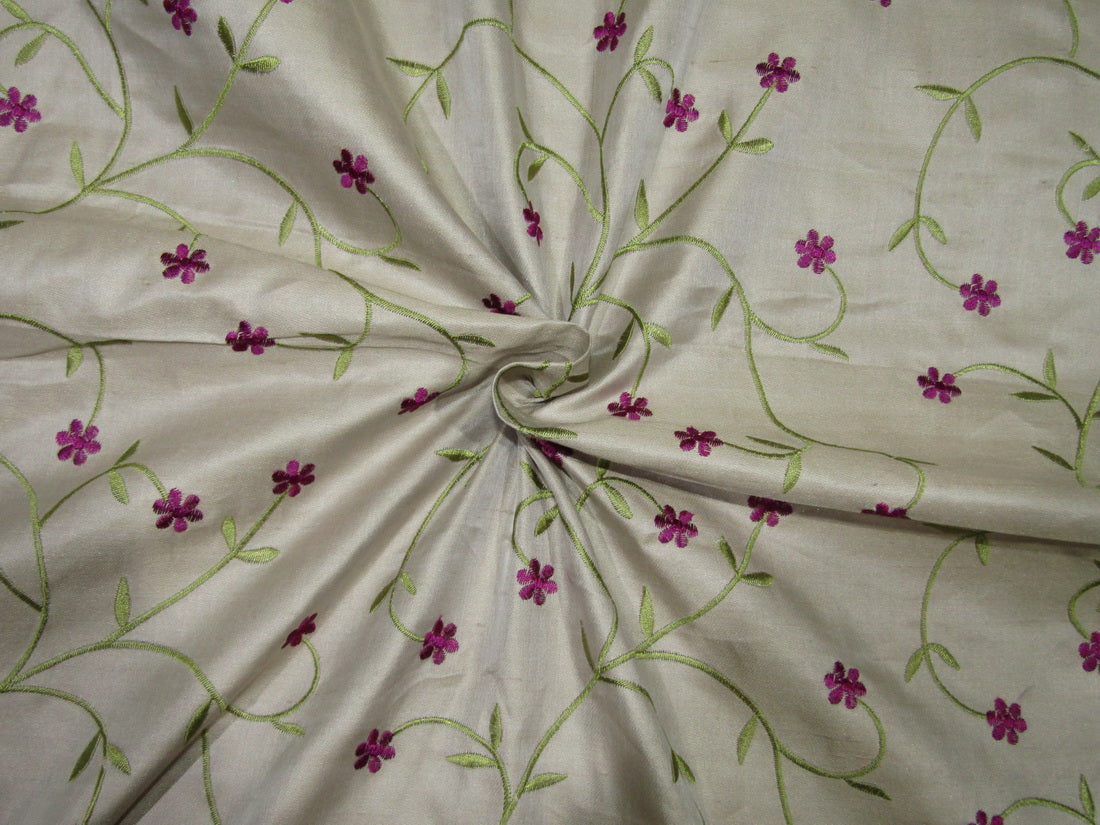 100% SILK SATIN DUPION beige with green and aubergine FLORAL EMBROIDERY 54" wide DUPE61[2]