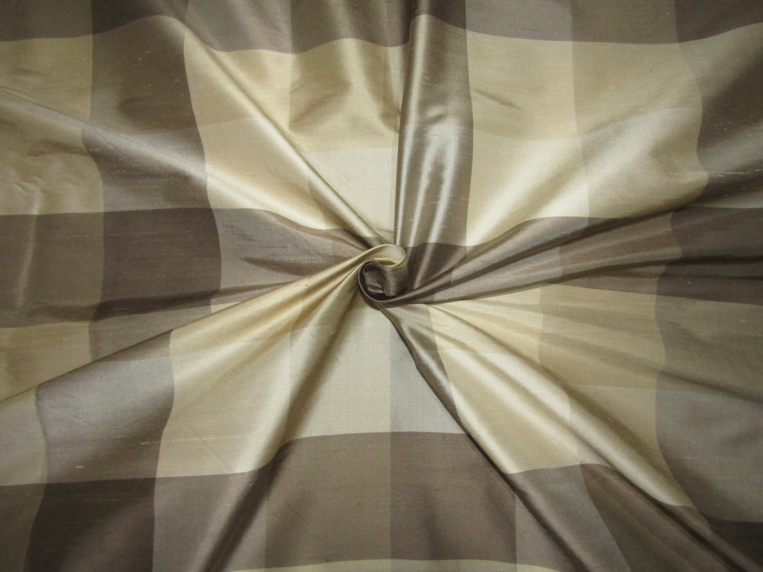 100% PURE SILK DUPIONI FABRIC Multi color shades of Gold and Grey PLAIDS 54" WIDE DUPC113[3]