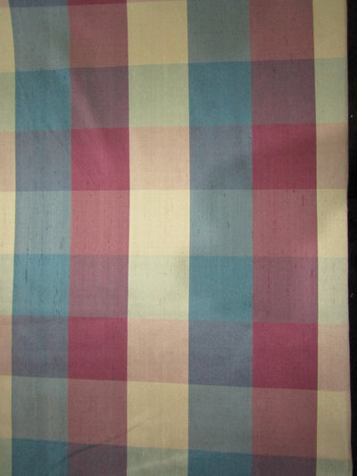 100% PURE SILK DUPIONI FABRIC multi color shades of aubergine pink X blue X gold PLAIDS 54" wide DUP#C114[3]