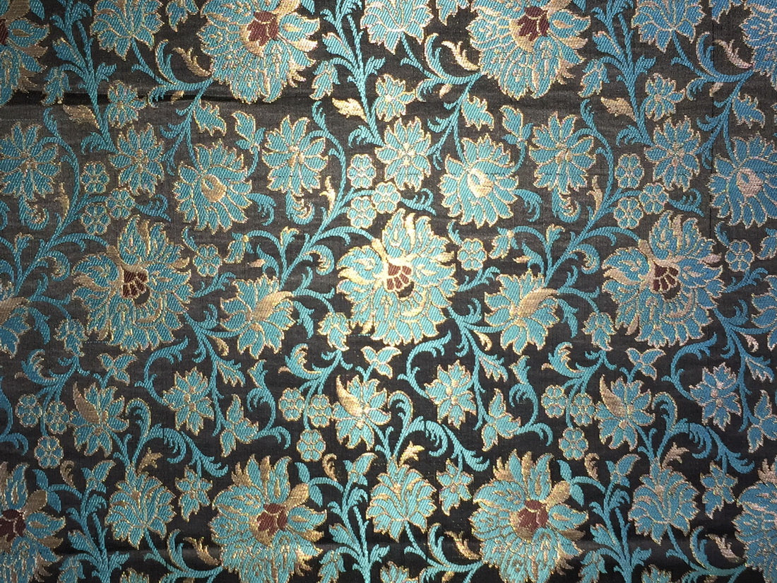 Silk Brocade Fabric Blue, Black, Wine & Metallic Gold color 36" wide BRO248[3]