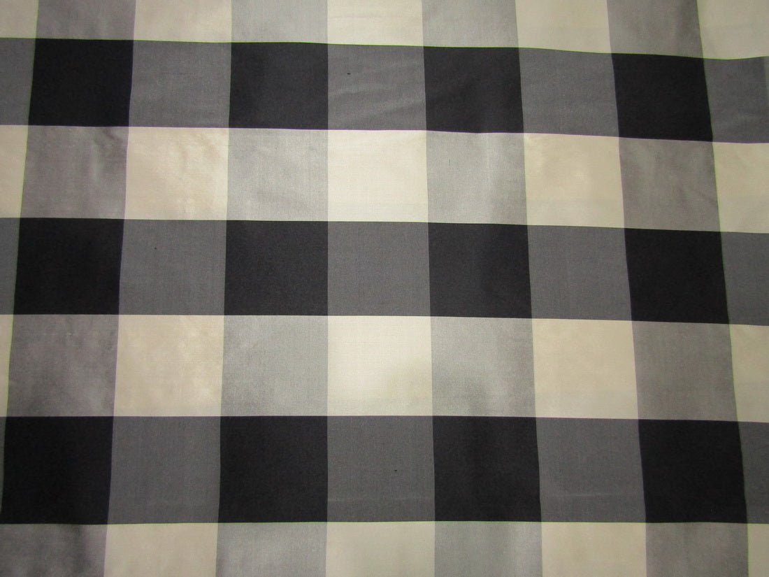 100% PURE SILK DUPIONI FABRIC BLACK GREY AND CREAM PLAIDS 54" WIDE DUPC119[1]