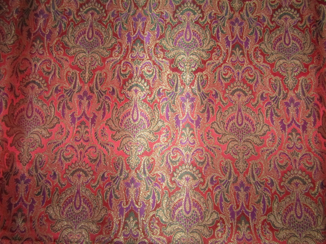 Brocade fabric red x metallic GOLD with multi color paisleys 44&quot; wide