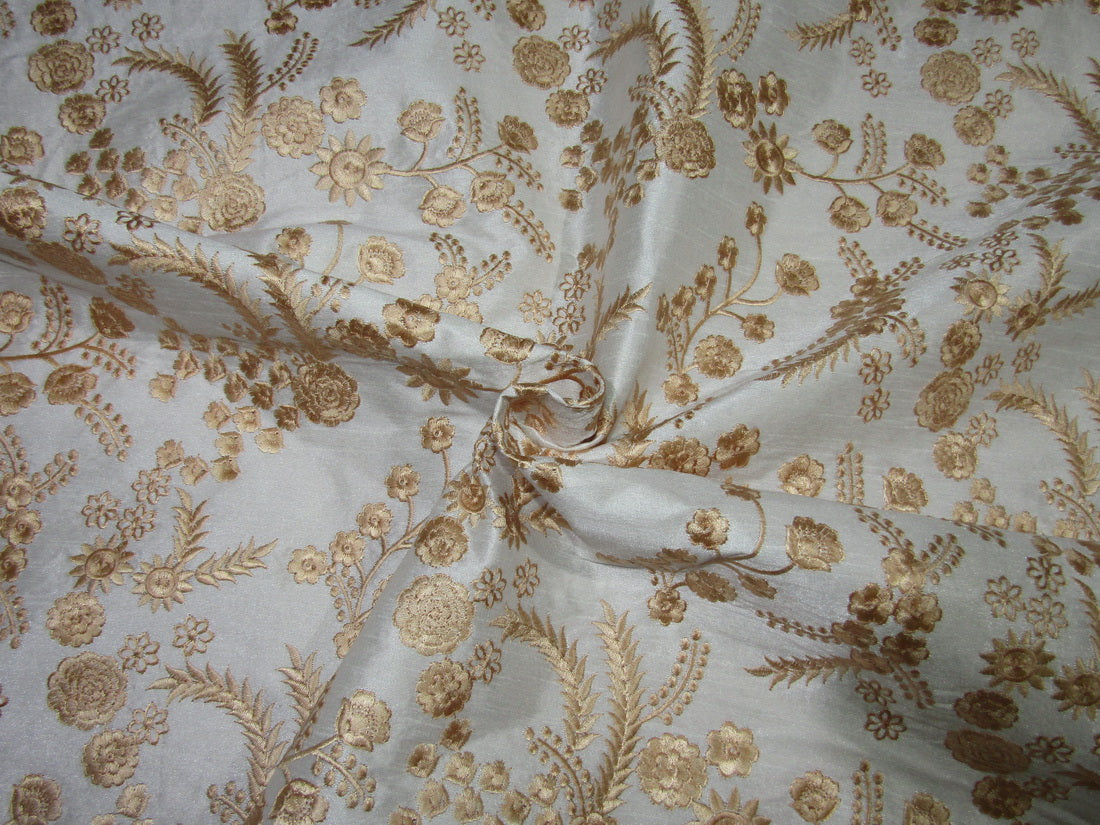 POLYESTER raw silk FABRIC 44&quot; ivory embroidered with pastel gold floral design FF15