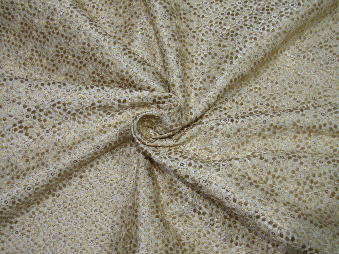 POLYESTER RAW SILK FABRIC 44&quot; CREAM embroidered with gold sequence FF51[A]