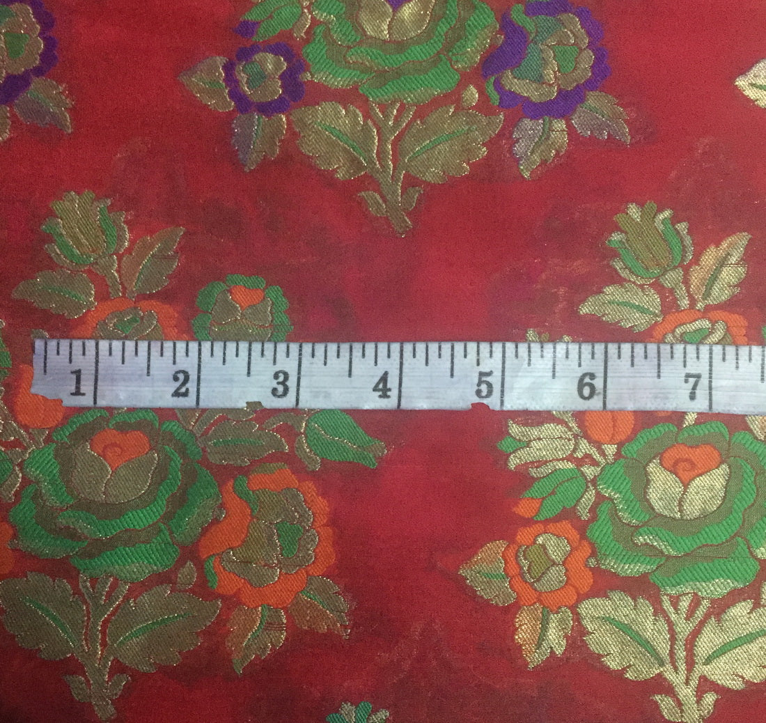 Pure Heavy Silk Brocade Fabric Red,Green,Purple &amp; Metallic Gold color