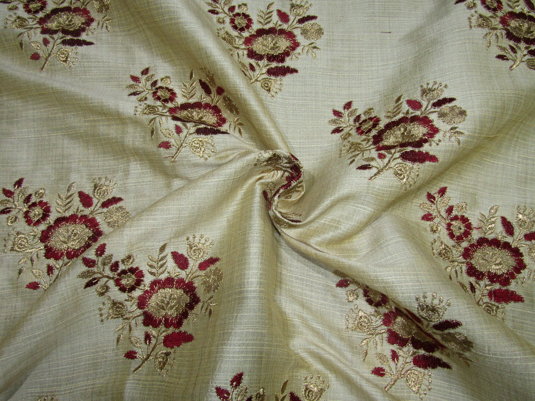 3.60 yards POLYESTER DUPIONI FABRIC 44&quot; GOLD with embroidered RED flowers and metallic gold leaves