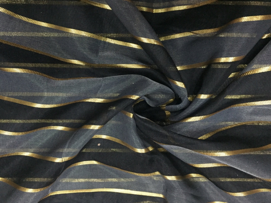 Cotton Chanderi fabric black with shade of grey x gold lurex stripe 44'' wide sold by the yard