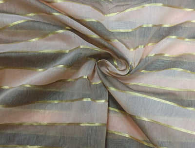 Cotton Chanderi fabric Brown with Peach x gold lurex stripe 44'' wide