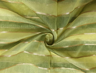 Cotton Chanderi fabric Lemon yellow with green x gold lurex stripe 44'' wide sold by the yard