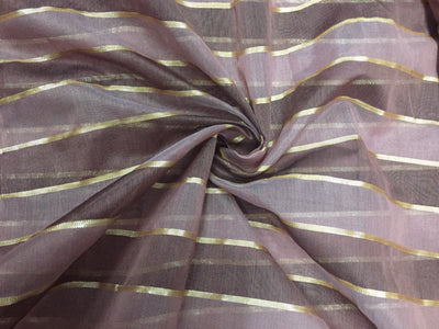 Cotton Chanderi Fabric stripe shade of Brown x gold lurex stripe 44'' wide sold by the yard.