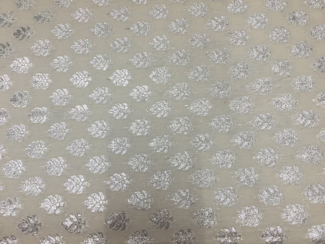 Cotton Chanderi silk fabric dyeable natural white with silver motifs 44'' wide