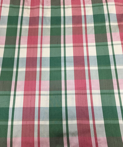 100% PURE SILK DUPIONI FABRIC pink green and grey PLAIDS 54" WIDE DUPC126[1]