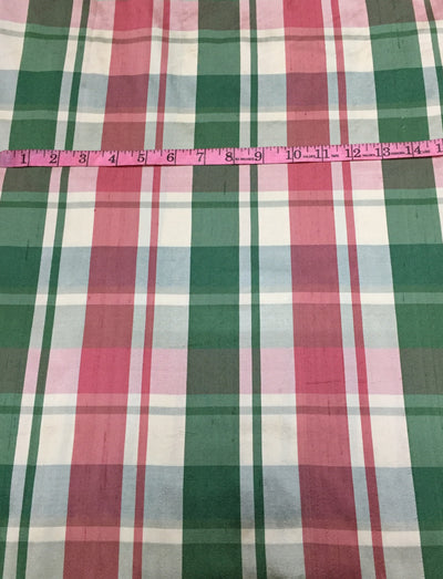 100% PURE SILK DUPIONI FABRIC pink green and grey PLAIDS 54" WIDE DUPC126[1]