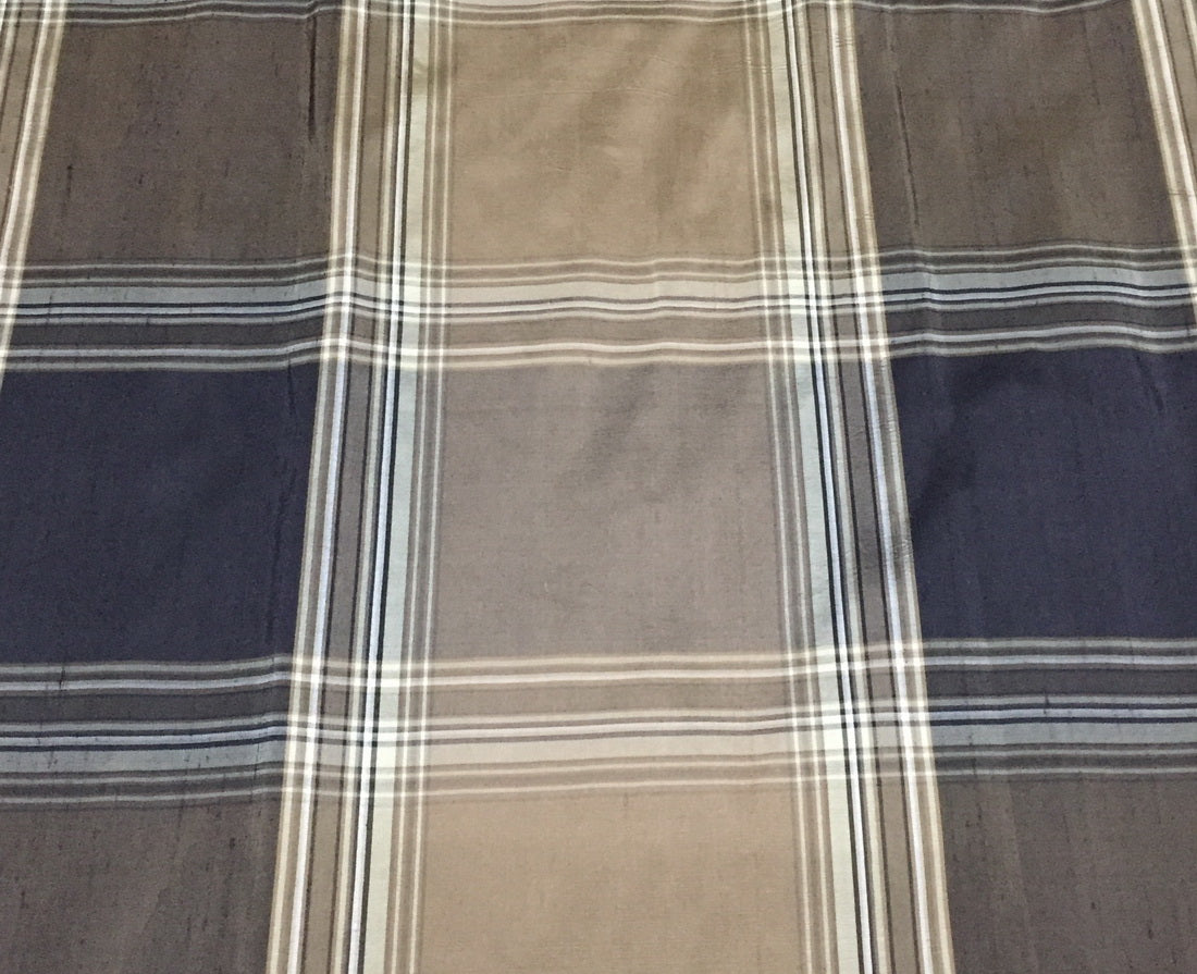 100% PURE SILK DUPIONI FABRIC black and brown PLAIDS 54" wide DUP#C125