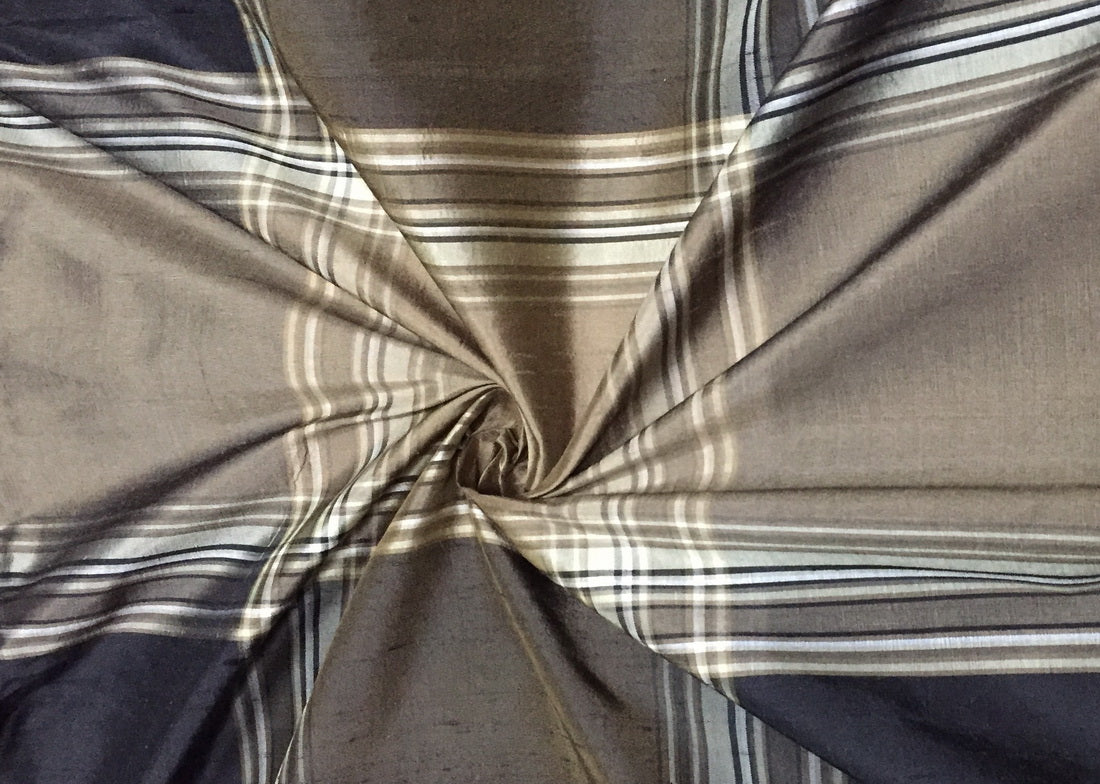 100% PURE SILK DUPIONI FABRIC black and brown PLAIDS 54" wide DUP#C125