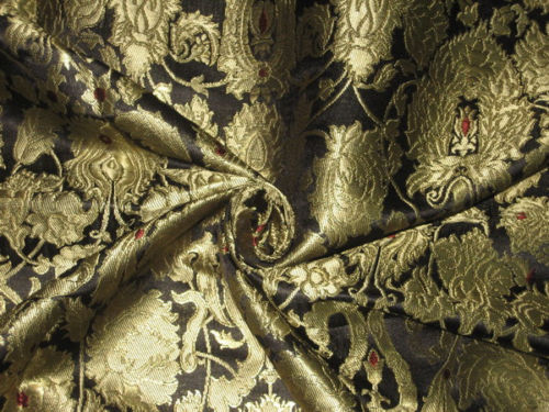 Heavy Silk Brocade Fabric Black, Red &amp; Gold BRO126[3]