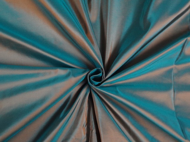 SILK TAFFETA FABRIC Iridescent Aqua Blue x Mango Shot colour 54" wide TAF226[2]