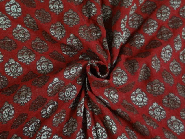 GEORGETTE SILK BROCADE FABRIC Dark Red &amp; Metallic Antique GOLD 44&quot;