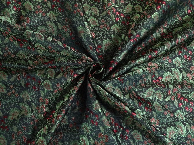 Pure Silk Brocade~Width 44&quot;~Red,Black &amp; Green Colour floral design
