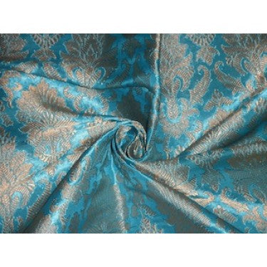 Pure Silk Brocade Fabric Aqua Blue &amp; Metallic Gold color