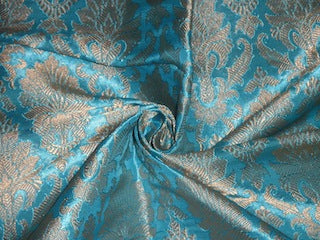 Pure Silk Brocade Fabric Aqua Blue &amp; Metallic Gold color