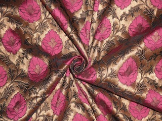Pure Silk Brocade Fabric Pink,Black &amp; Metallic Gold color
