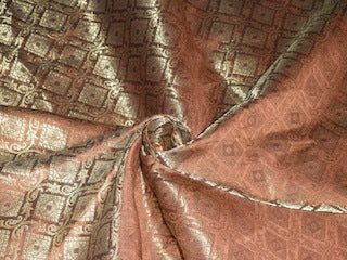 Spun Silk Brocade fabric Tan Brown &amp; Metallic Gold Color