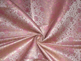 PURE SILK BROCADE FABRIC Pink &amp; Metallic Gold Color