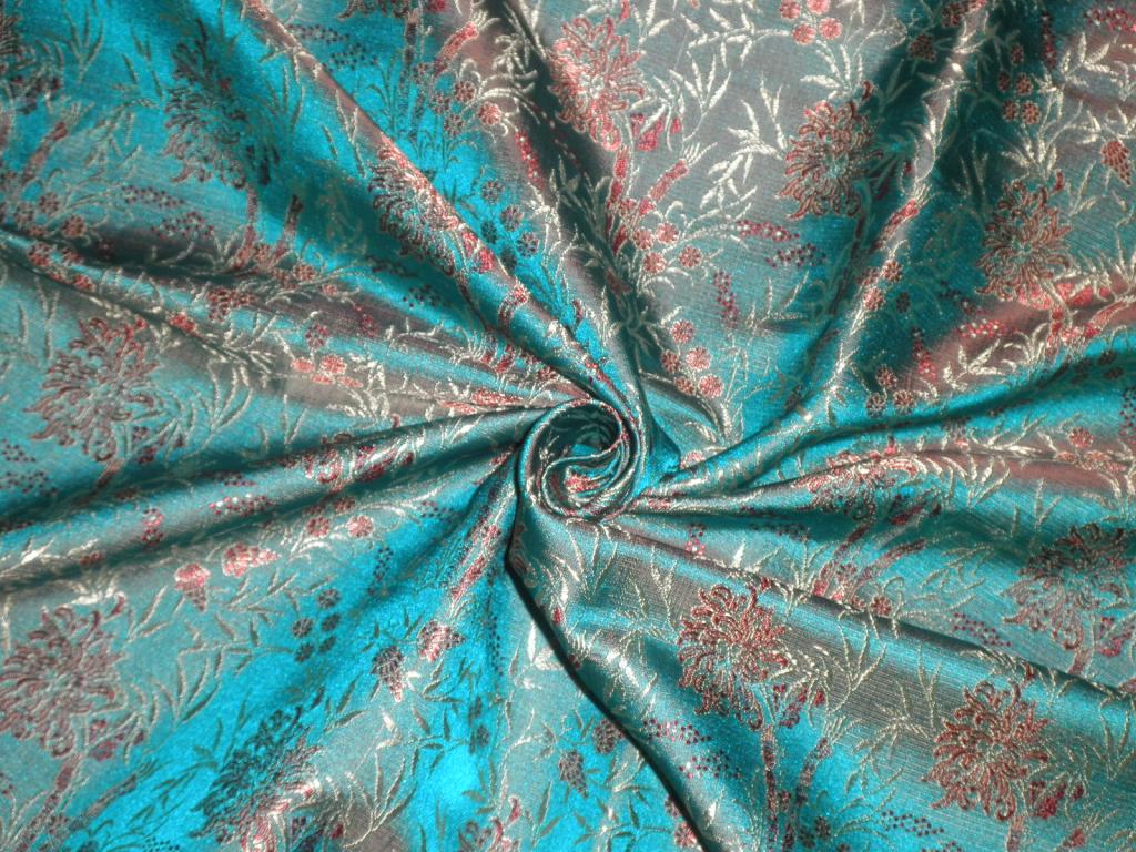 SILK BROCADE FABRIC Sea Blue/Green,Gold & Red 44" wide BRO230[2]