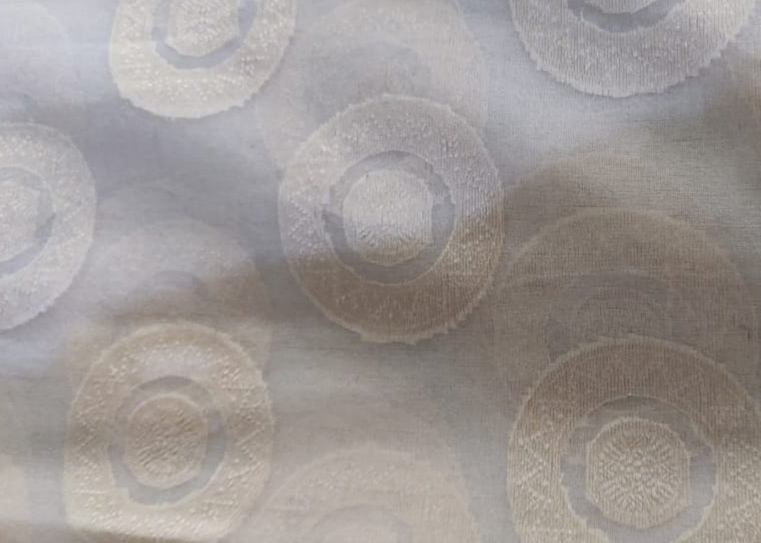 100% silk organza jacquard fabric ivory with white gold geometric circles 54" wide [11006]