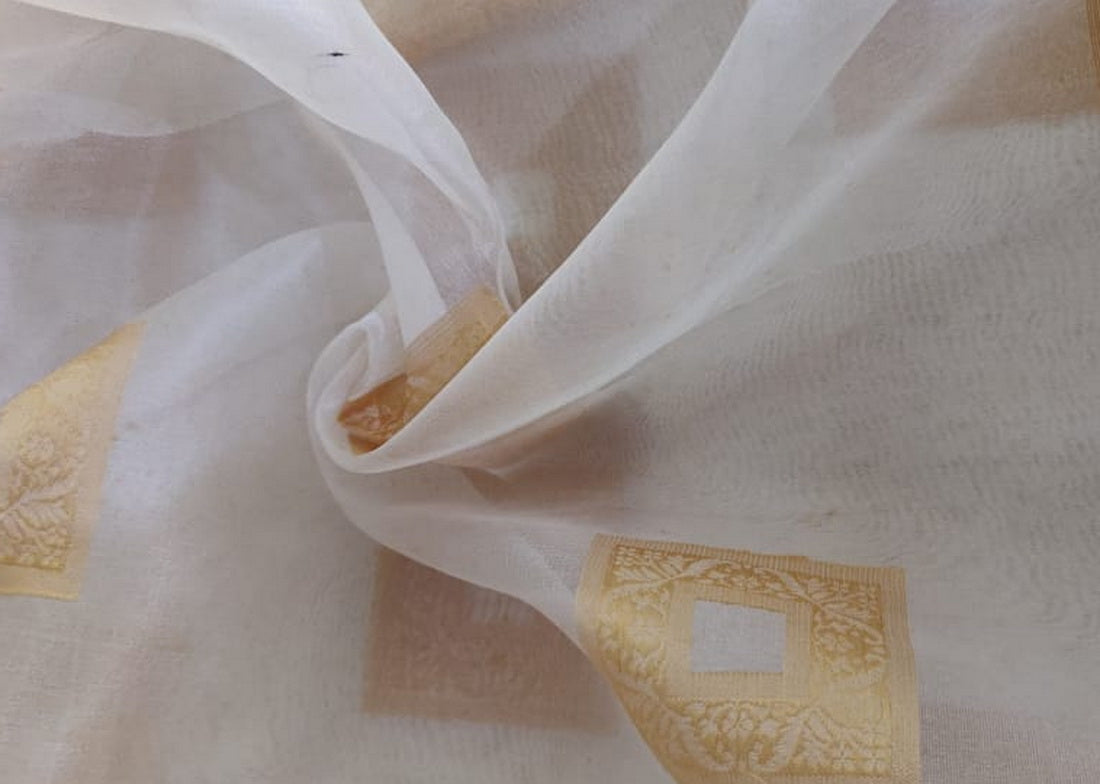 100% silk organza ivory with square gold jacquard design fabric 54" wide[11014]