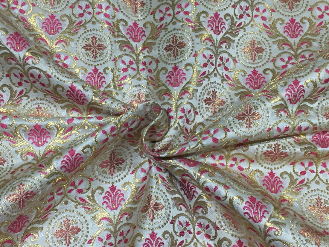 Silk Brocade king khab [kings dream] ivory /pink x metallic gold color 36" wide BRO782[2]