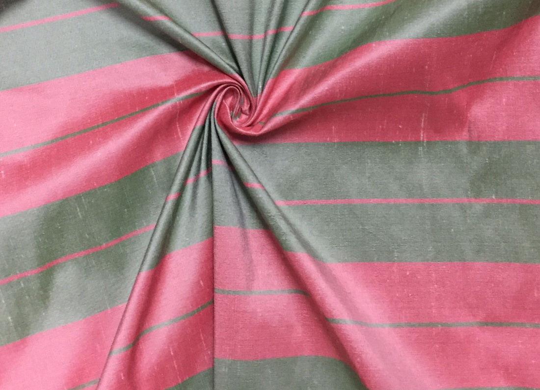 100% Pure Silk dupion PINK and GREEN stripe Fabric 54" wide DUPS69[2]