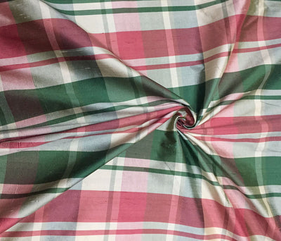 100% PURE SILK DUPIONI FABRIC pink green and grey PLAIDS 54" WIDE DUPC126[1]