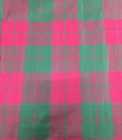 100% PURE SILK DUPIONI FABRIC watermelon pink ,green and brown PLAIDS 54" wide DUPC126[2]