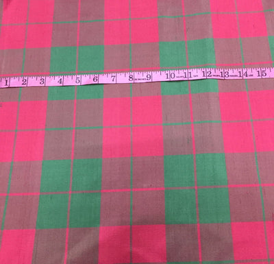 100% PURE SILK DUPIONI FABRIC watermelon pink ,green and brown PLAIDS 54" wide DUPC126[2]