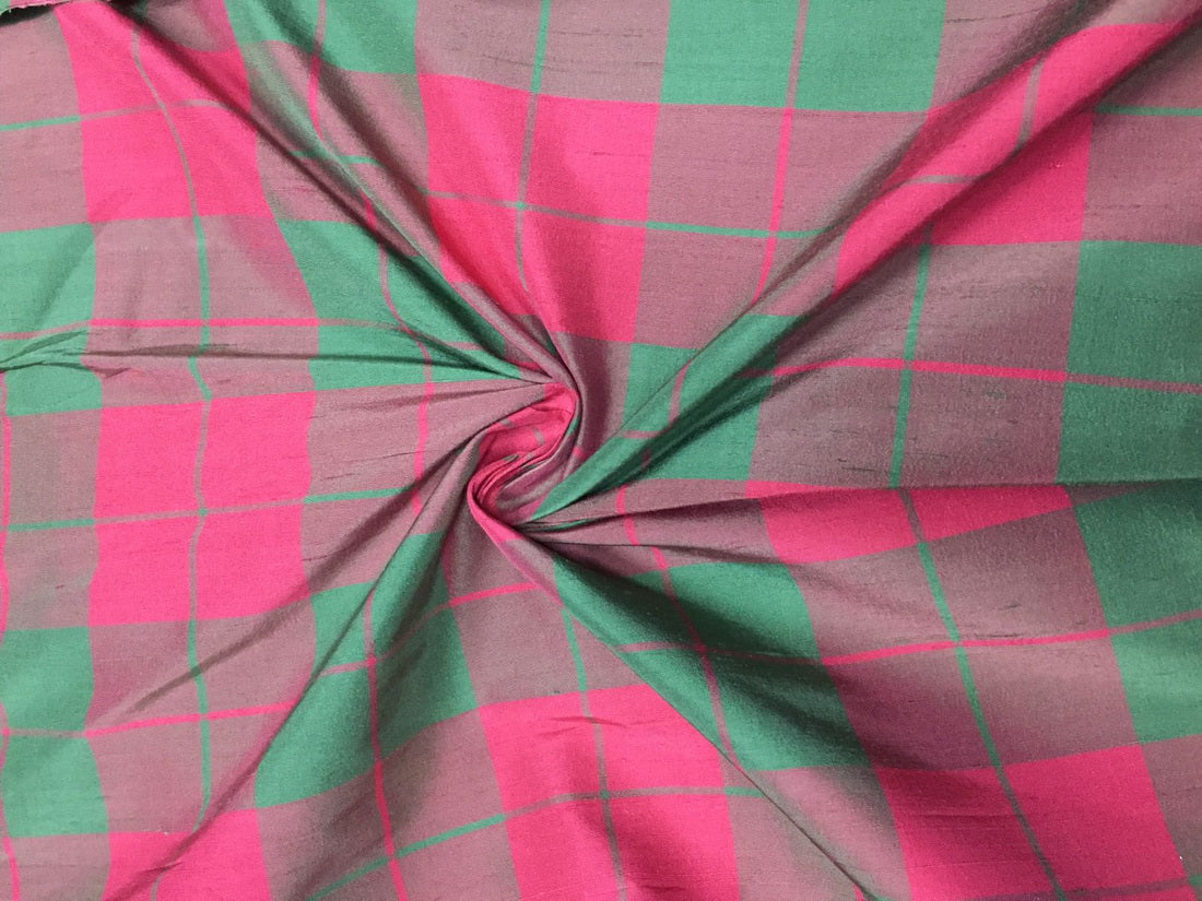 100% PURE SILK DUPIONI FABRIC watermelon pink ,green and brown PLAIDS 54" wide DUPC126[2]