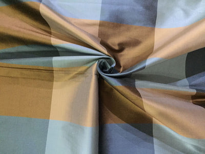 100% Silk Dupioni fabric Blue & Bronze color Plaids Width 54 &quot; WIDE