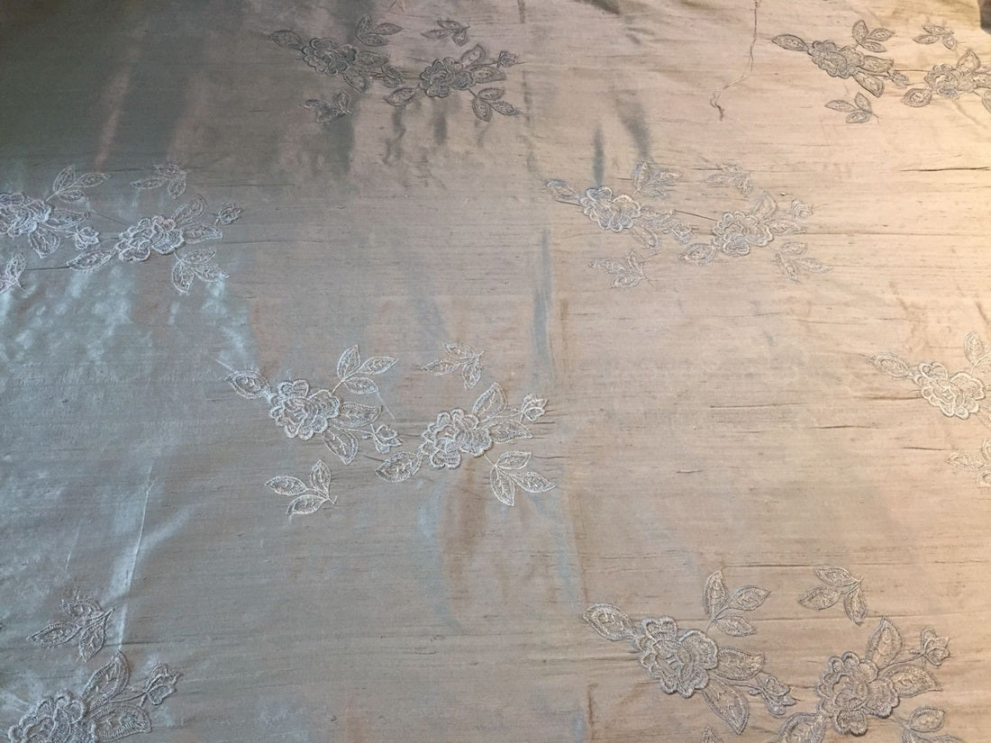 100% SILK DUPION self grey color FLORAL EMBROIDERY 54&quot; wide