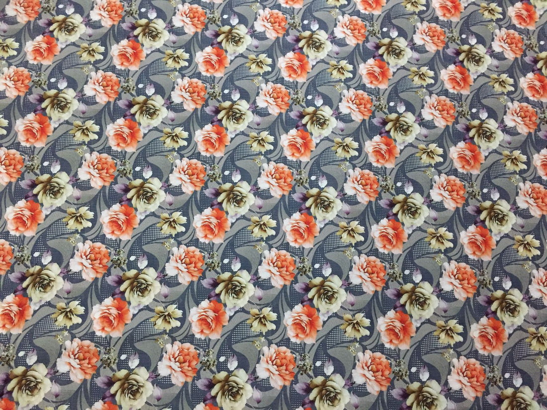 Linen satin digital print fabric grey & orange beige lavender floral print 44&quot;
