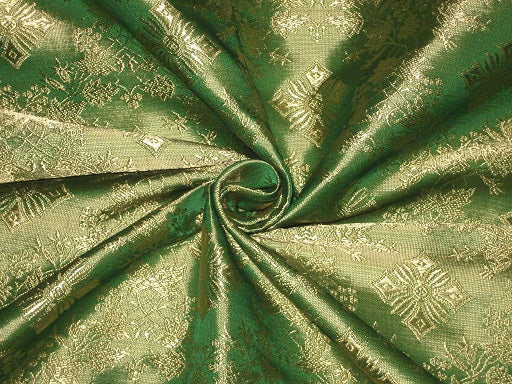 SILK BROCADE FABRIC Emerald Green & Gold colour Vestment design 44" wide BRO170[2]