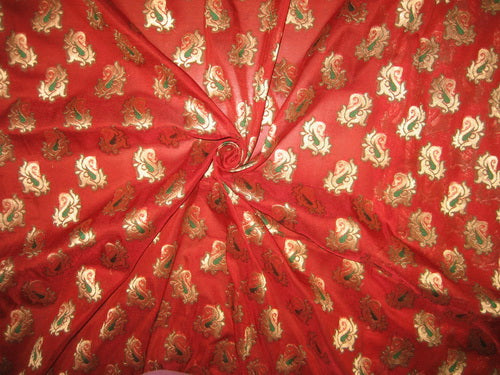 Pure Silk Brocade fabric Red,Green&amp; Metallic Gold Semi Sheer 44&quot;