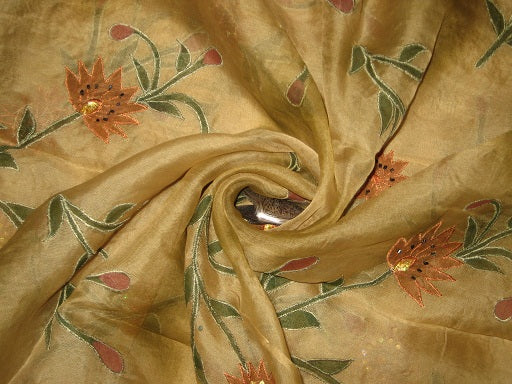 100 % SILK ORGANZA FABRIC Light Gold COLOUR embroidered 44" wide [3210]