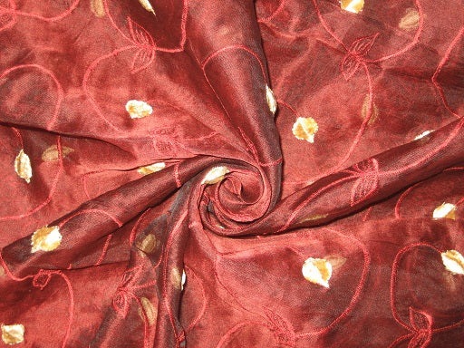 100 % SILK ORGANZA FABRIC Wine Red COLOR embroidered 44" wide [3204]