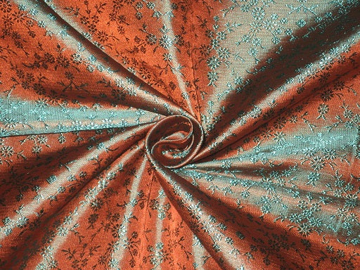 SILK BROCADE FABRIC Rust & Teal Green color 44" wide BRO182[5]