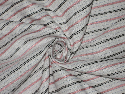 Superb Quality Linen Club White with baby pink grey and blue horizontal stripes Fabric ~ 58&quot; wide