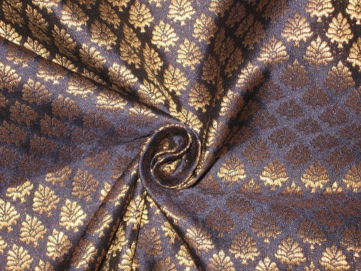 Spun Silk Brocade fabric navy blue Metallic Gold Color BRO183[6]