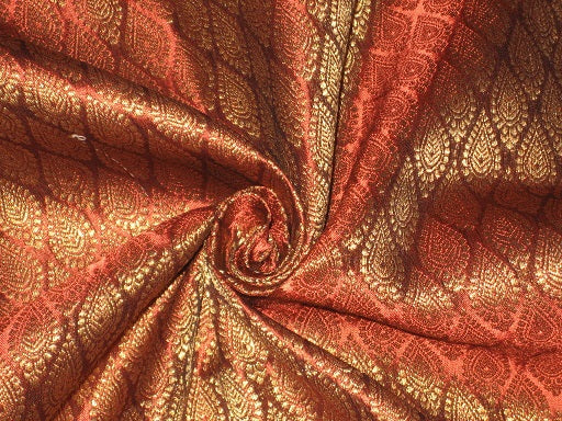 Spun Silk Brocade fabric Dark Rusty Red &amp; Metallic Gold Color