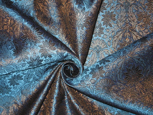 Spun Silk Brocade fabric Kingfisher Blue,Black &amp; Metallic Gold Color