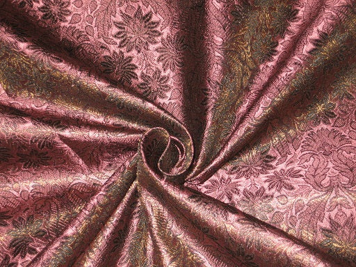 Spun Silk Brocade fabric Rosette Pink,Black &amp; Metallic Gold Color